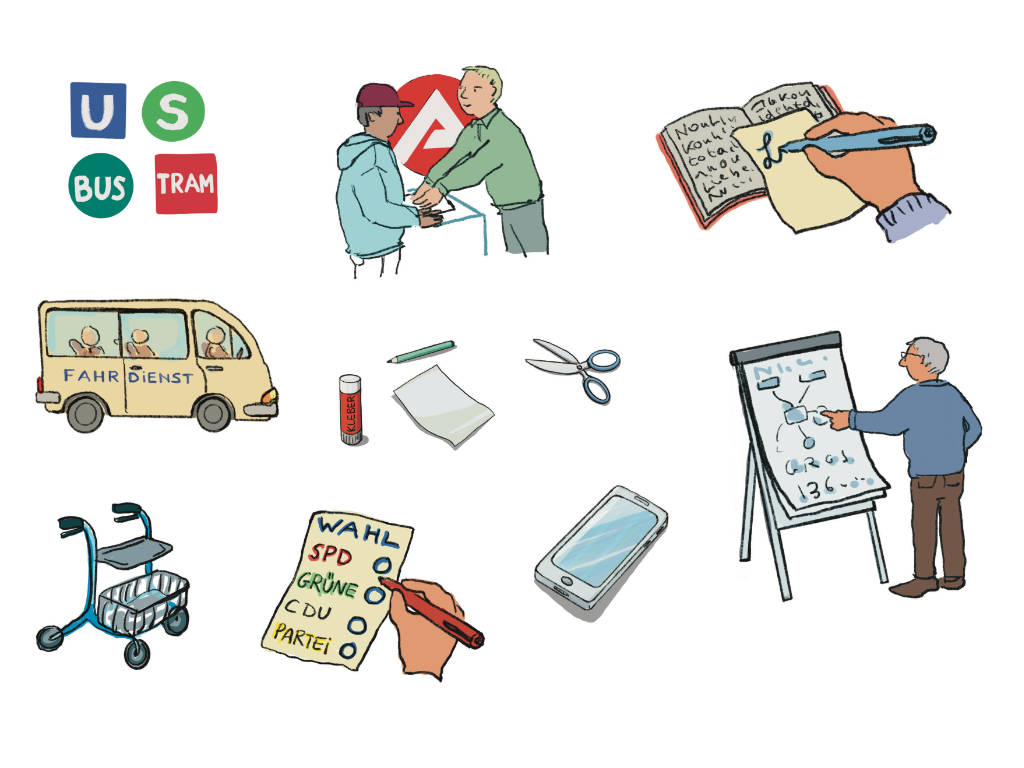ulrikebahl-illustration-Leichte_Sprache_Icon_Leichte-Sprache_Gehhilfe_Fahrdienst_Nahverkehr_Lesen-Schreiben_Arbeitsamt_Weiterbildung_Politik_Wahl_Telefon_Kontakt